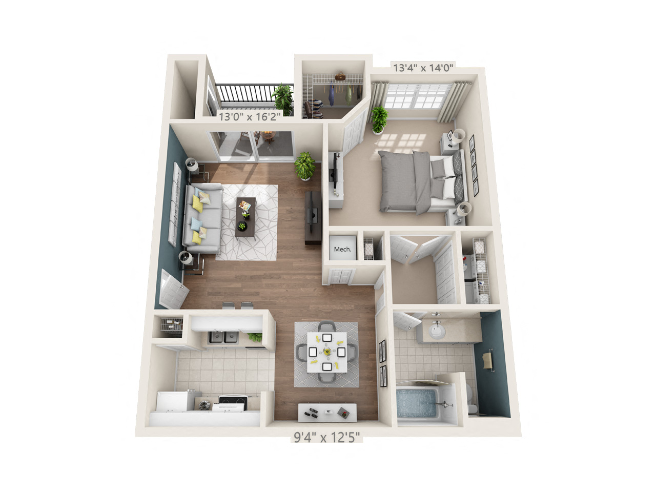 Floor plan for 1 bed, 1 bath, 798 sqft